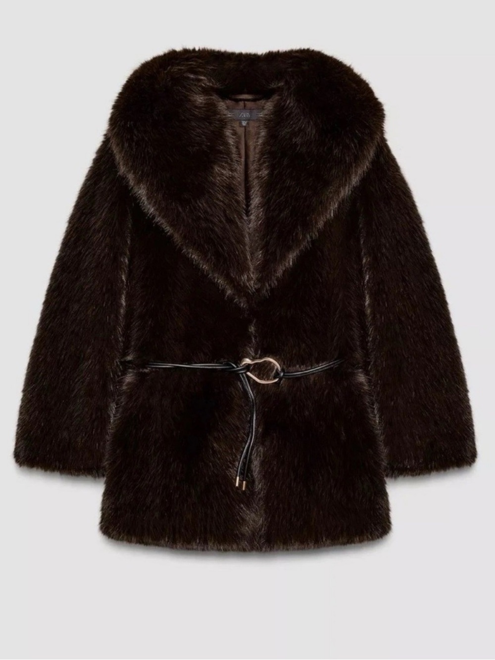 ZARA FAUX FUR BELTED COAT BROWN LAPEL REF. 6318/282/700